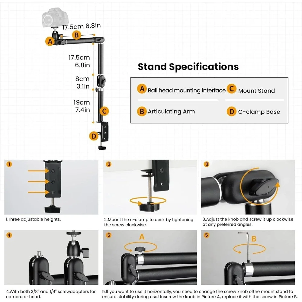 TARION TKA01-M Desk Camera Mount Stand‎ – Heavy Duty Articulating Arm Clamp